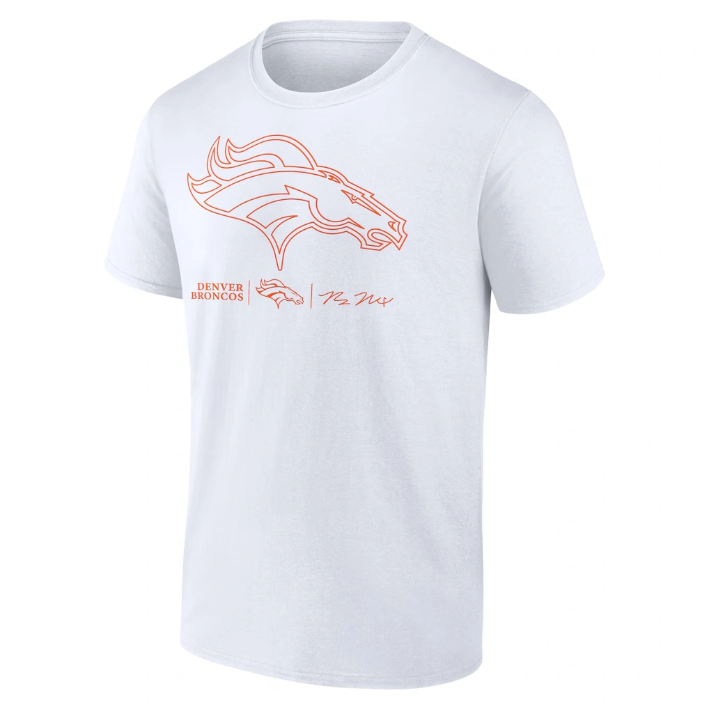 Men's Denver Broncos Bo Nix White Outline Player T-Shirt