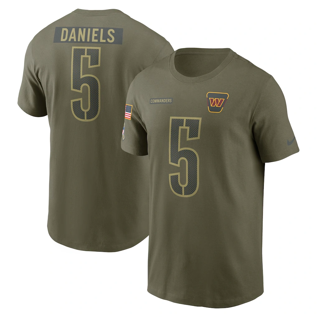 Men's Washington Commanders Jayden Daniels Nike Olive 2025 Salute to Service Name & Number T-Shirt