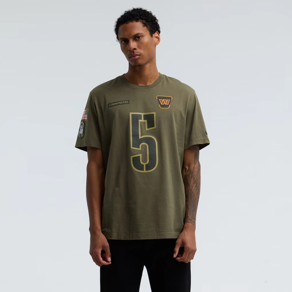 Men's Washington Commanders Jayden Daniels Nike Olive 2025 Salute to Service Name & Number T-Shirt