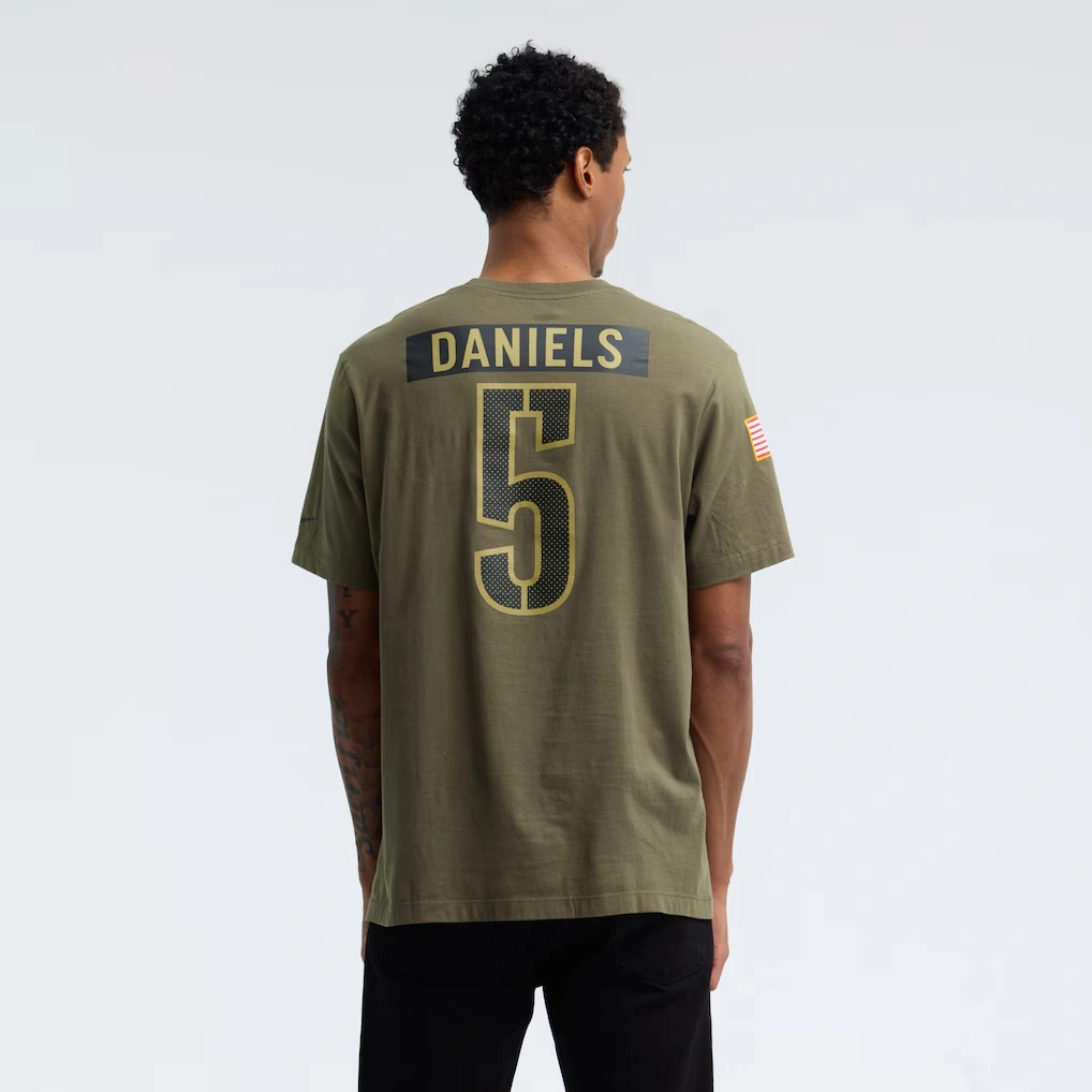 Men's Washington Commanders Jayden Daniels Nike Olive 2025 Salute to Service Name & Number T-Shirt