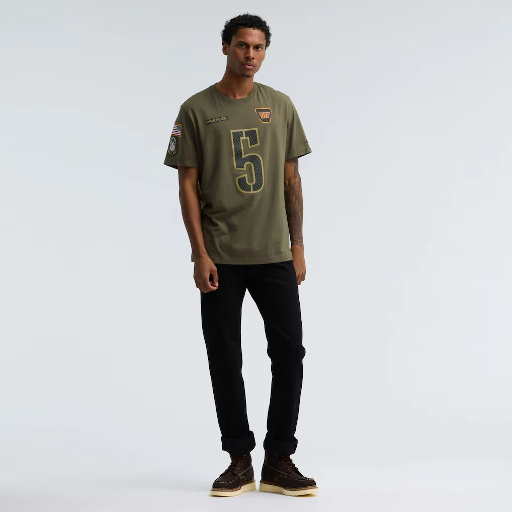 Men's Washington Commanders Jayden Daniels Nike Olive 2025 Salute to Service Name & Number T-Shirt