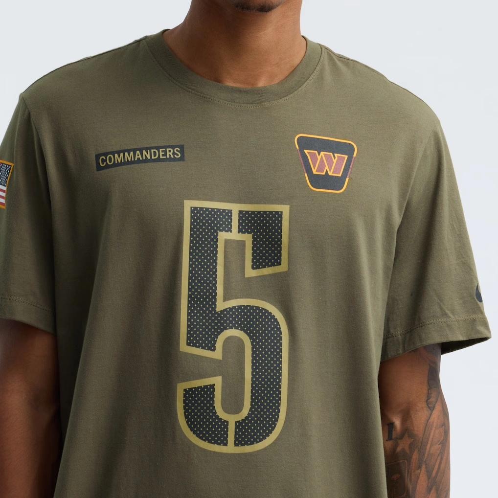 Men's Washington Commanders Jayden Daniels Nike Olive 2025 Salute to Service Name & Number T-Shirt