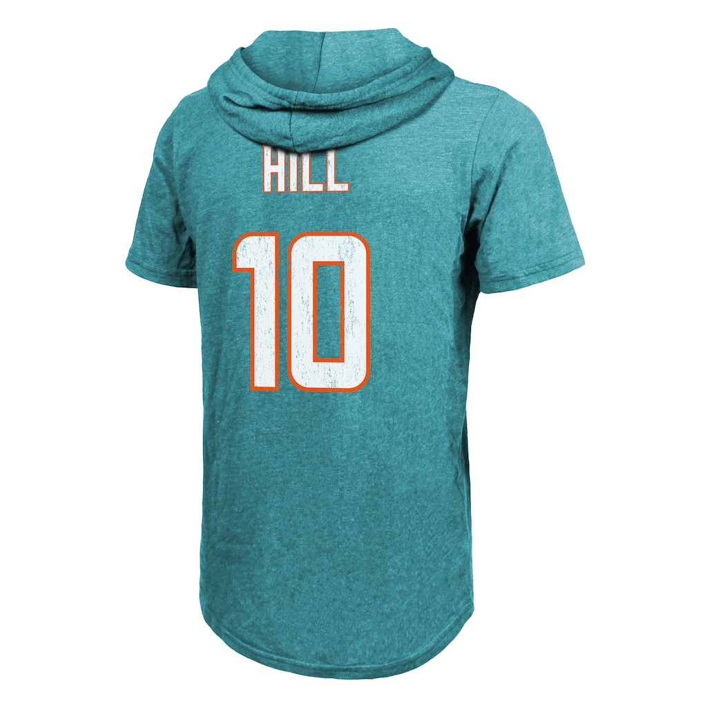 Men's Miami Dolphins Tyreek Hill Majestic Threads Aqua Player Name & Number Short Sleeve Hoodie T-Shirt
