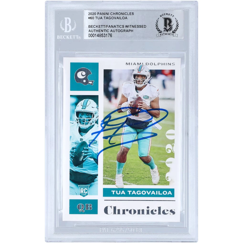 Autographed Miami Dolphins Tua Tagovailoa 2020 Panini Chronicles #60 Beckett Fanatics Witnessed Authenticated Rookie Card