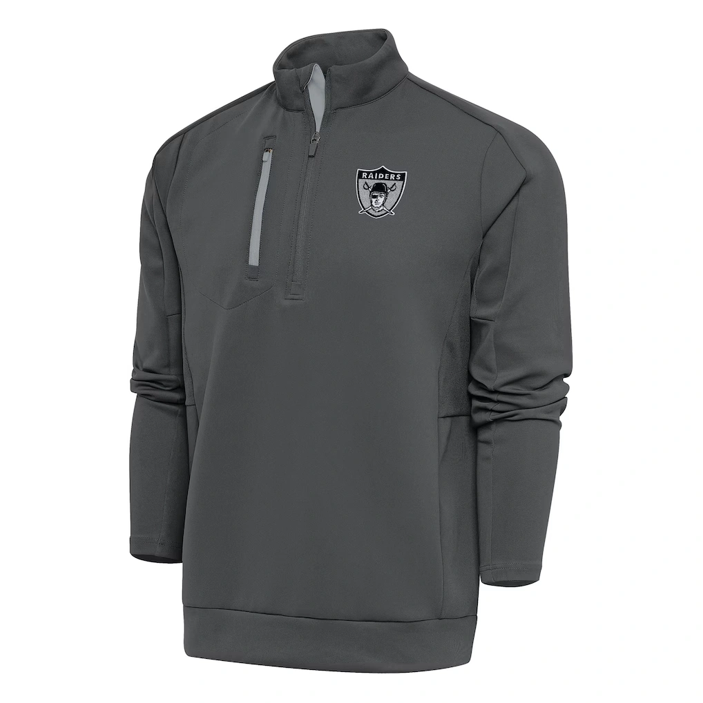 Men's Las Vegas Raiders Antigua Charcoal Team Logo Throwback Generation Quarter-Zip Pullover Top
