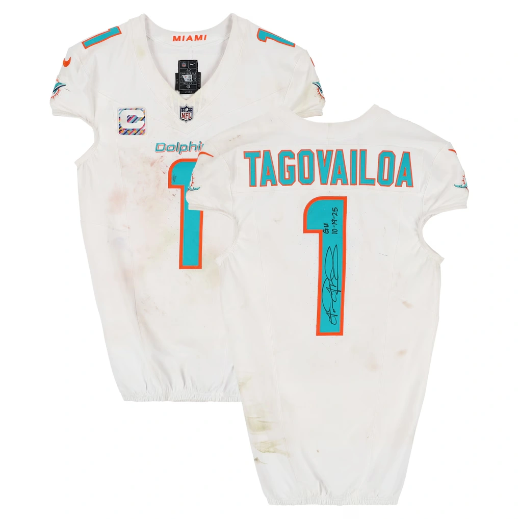 Tua Tagovailoa Miami Dolphins Autographed Fanatics Authentic Game-Used #1 White Nike Jersey vs. Cleveland Browns on October 19, 2025 with "GU 10-19-25" Inscription