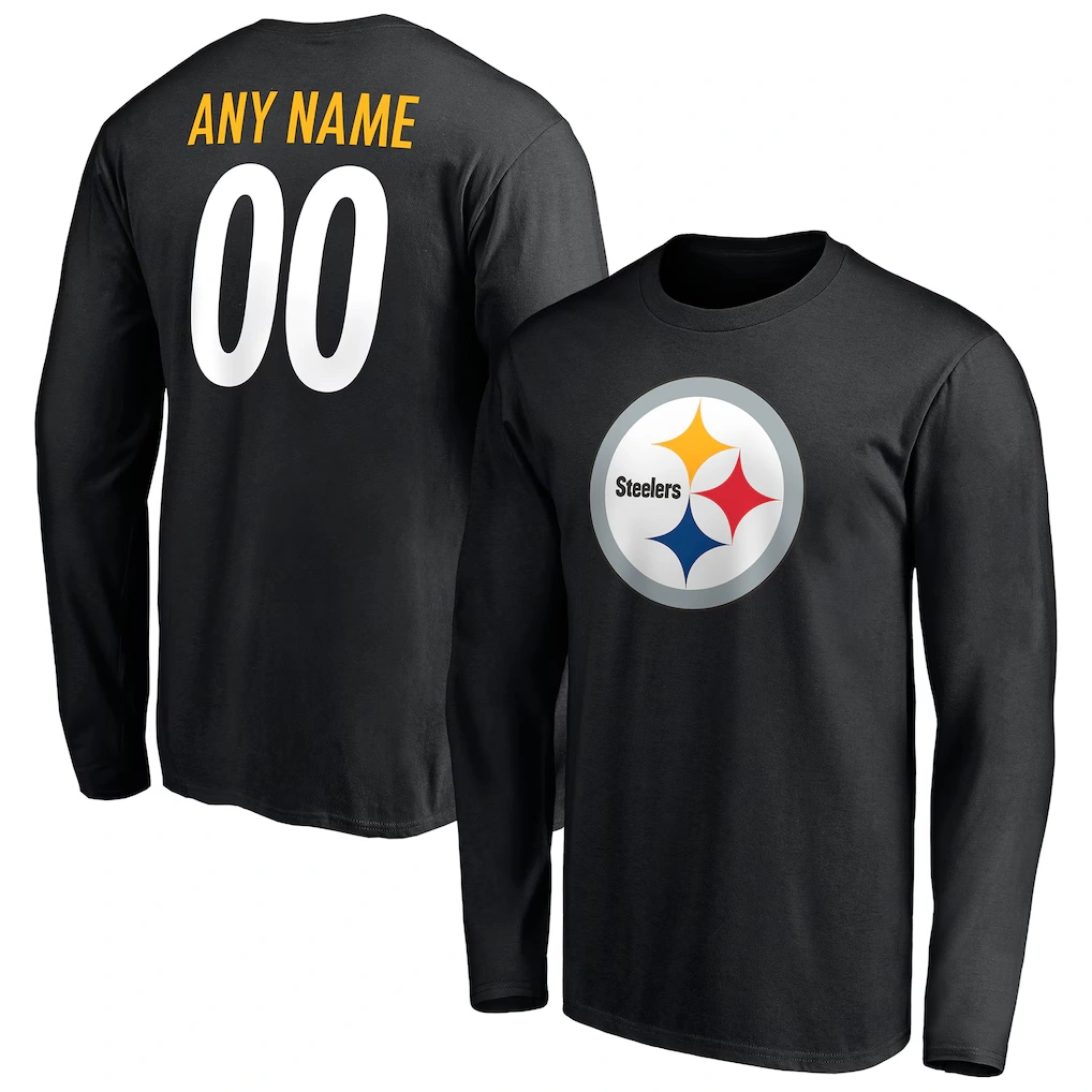 Men's Pittsburgh Steelers Black Team Authentic Personalized Name & Number Long Sleeve T-Shirt