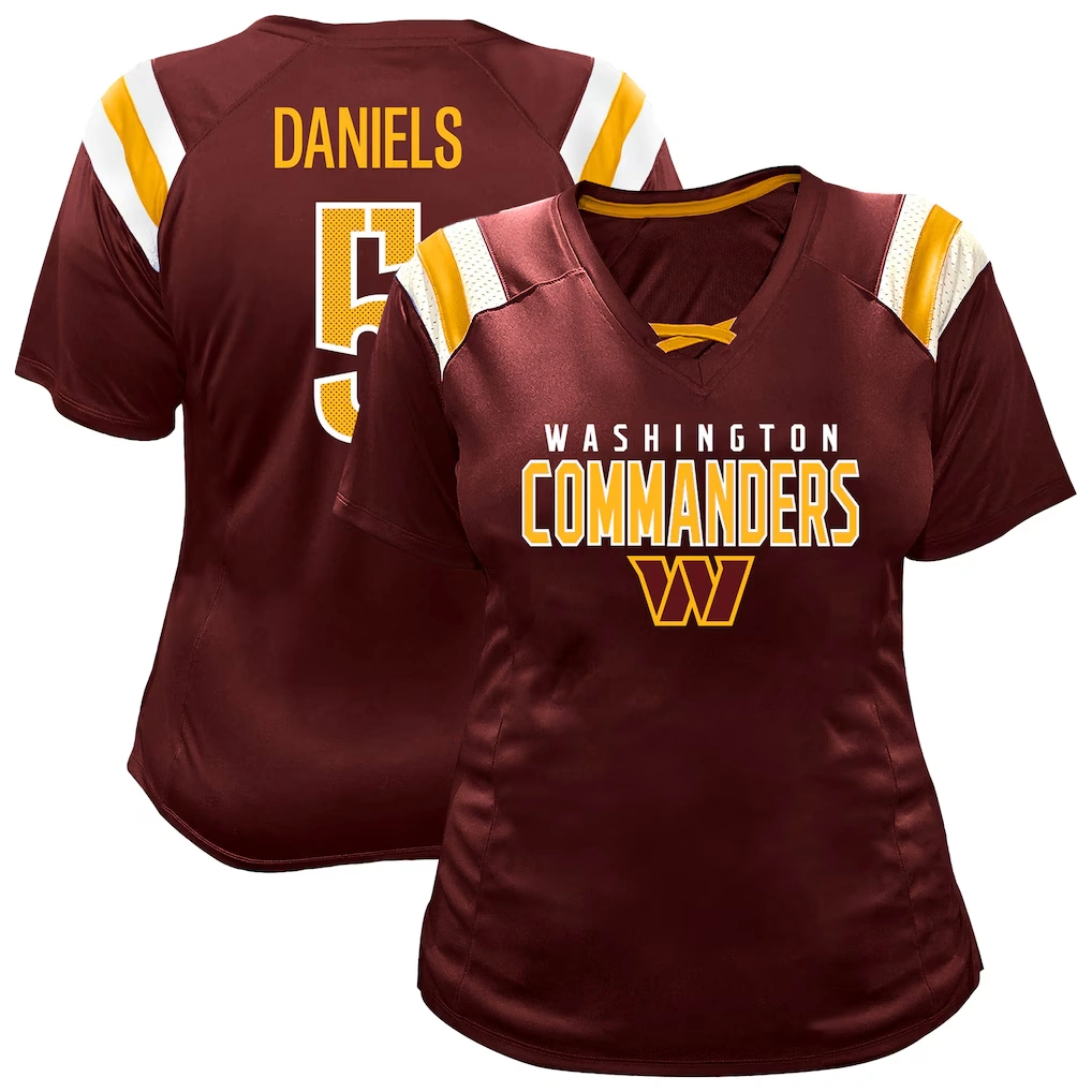 Women's Washington Commanders Jayden Daniels Fanatics Burgundy Plus Size Name & Number Raglan Lace V-Neck T-Shirt