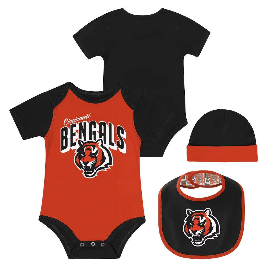 Newborn & Infant Cincinnati Bengals Dynamic Duo Bodysuit, Bib & Knit Hat Set