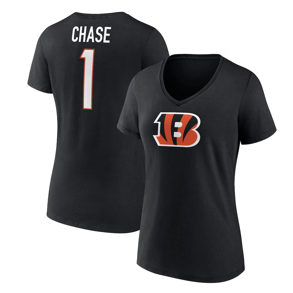 Women's Cincinnati Bengals Ja'Marr Chase Fanatics Black Player Icon Name & Number V-Neck T-Shirt