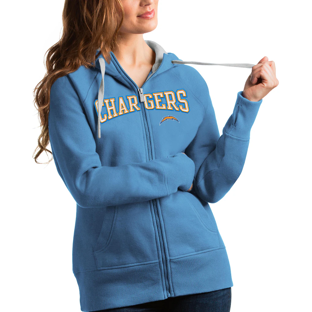 Women's Los Angeles Chargers Antigua Powder Blue Wordmark Victory Full-Zip Hoodie