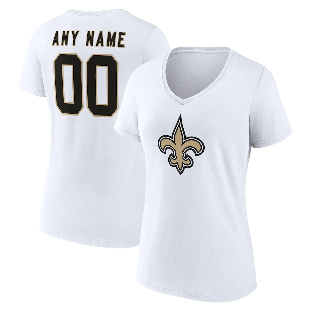 Women's New Orleans Saints White Team Authentic Custom Name & Number V-Neck T-Shirt