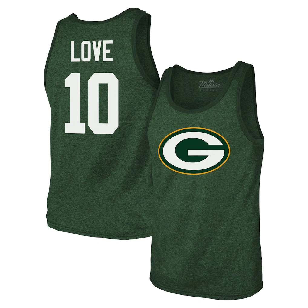 Men's Green Bay Packers Jordan Love Majestic Threads Green Tri-Blend Player Name & Number Tank Top