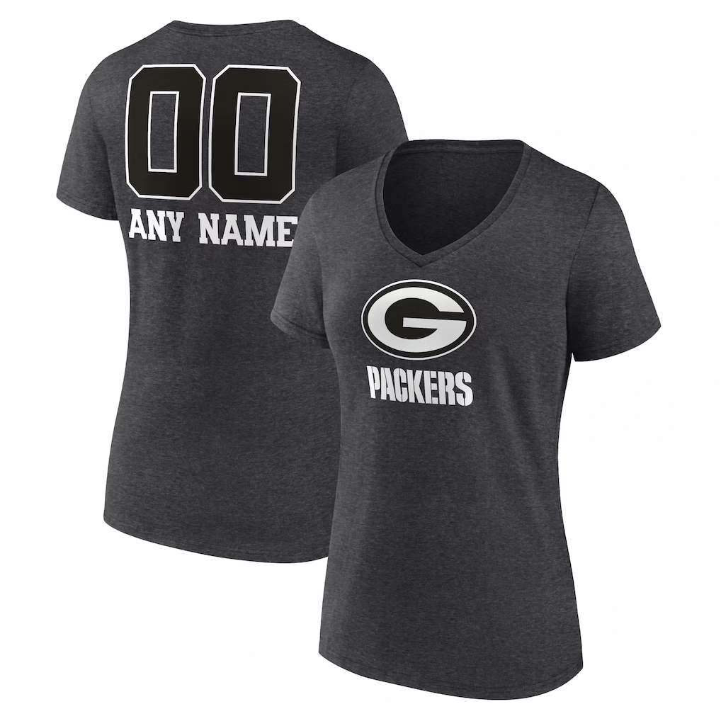 Women's Green Bay Packers Charcoal Personalized Name & Number Monochrome V-Neck Long Sleeve T-Shirt