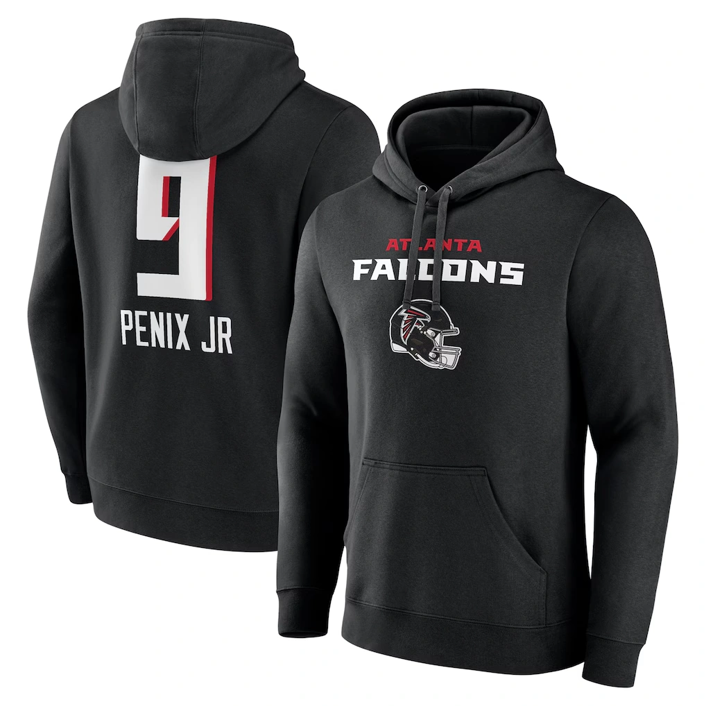 Men's Atlanta Falcons Michael Penix Jr. Black Name & Number Team Wordmark Pullover Hoodie