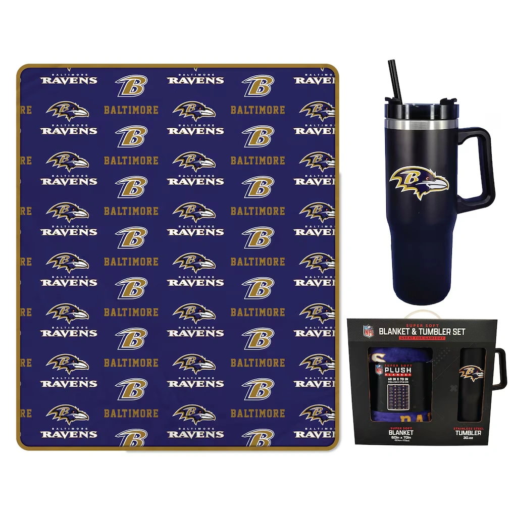 Baltimore Ravens Pegasus 60" x 70" Logo Blanket and 30oz Stainless Steel Tumbler Combo
